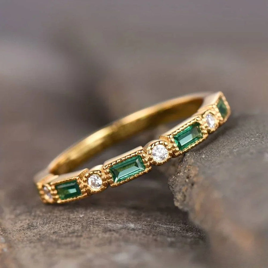Wavren | Retro Green Zirconia Gold Ring with Inlay