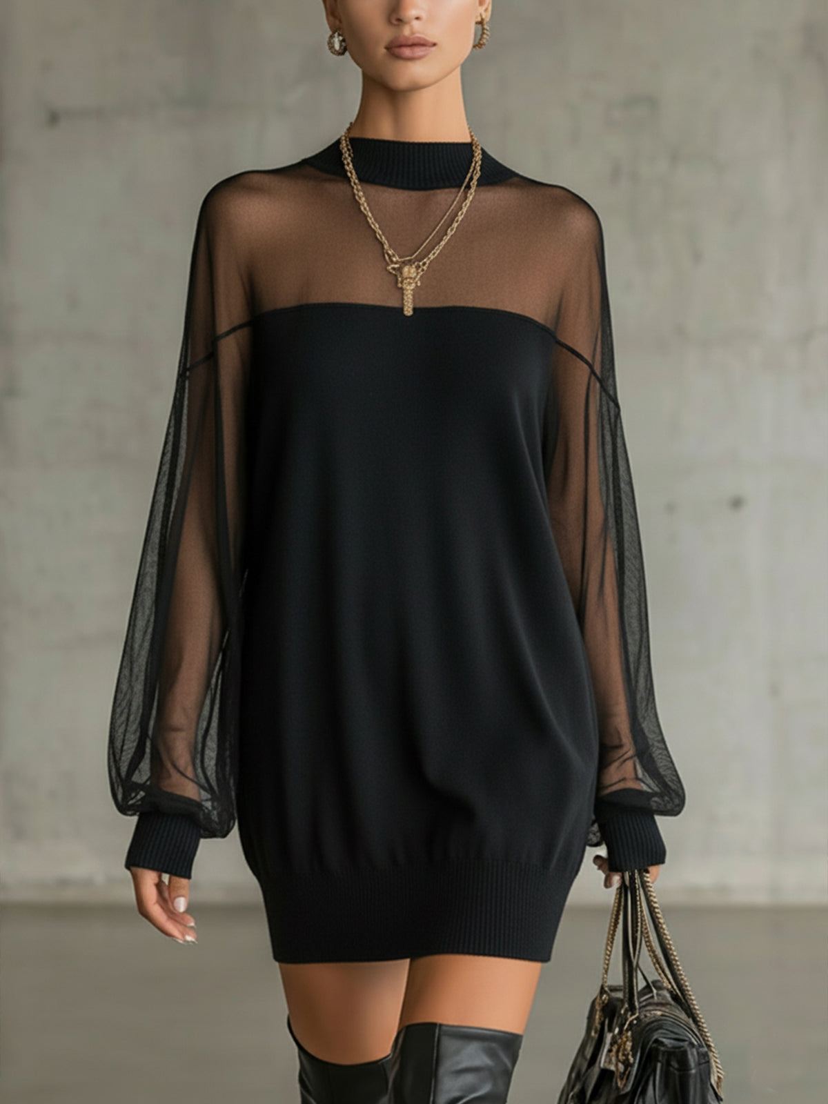 AMELIE™ | ELEGANT BLACK MINI DRESS WITH MESH SLEEVES