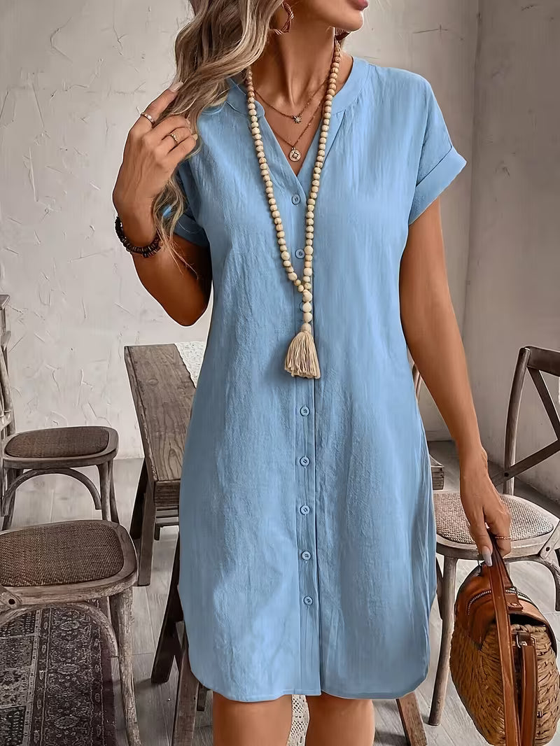 Delphine | Button-Front V-Neck Shirt Dress