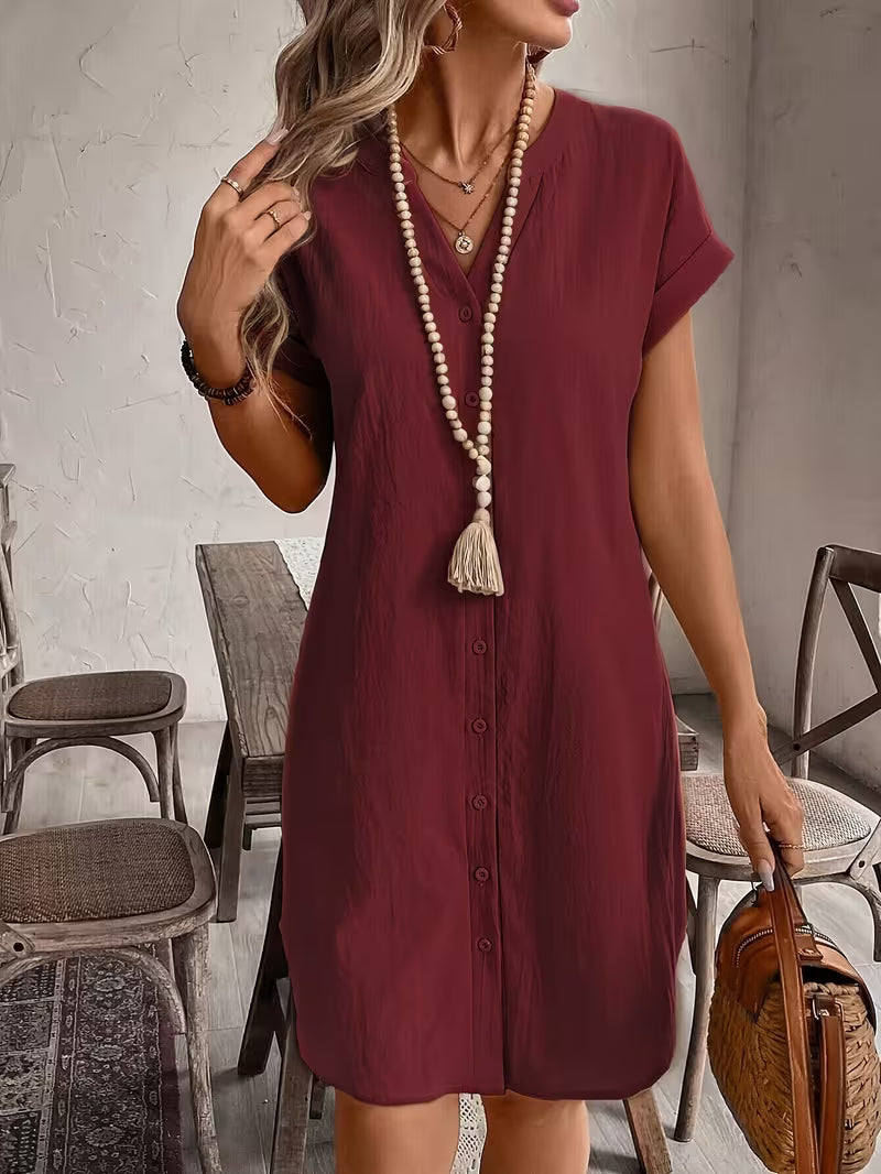 Delphine | Button-Front V-Neck Shirt Dress