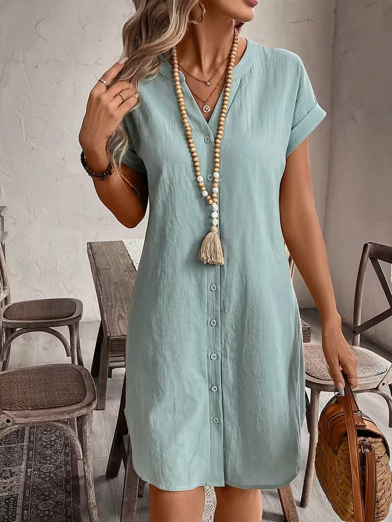 Delphine | Button-Front V-Neck Shirt Dress