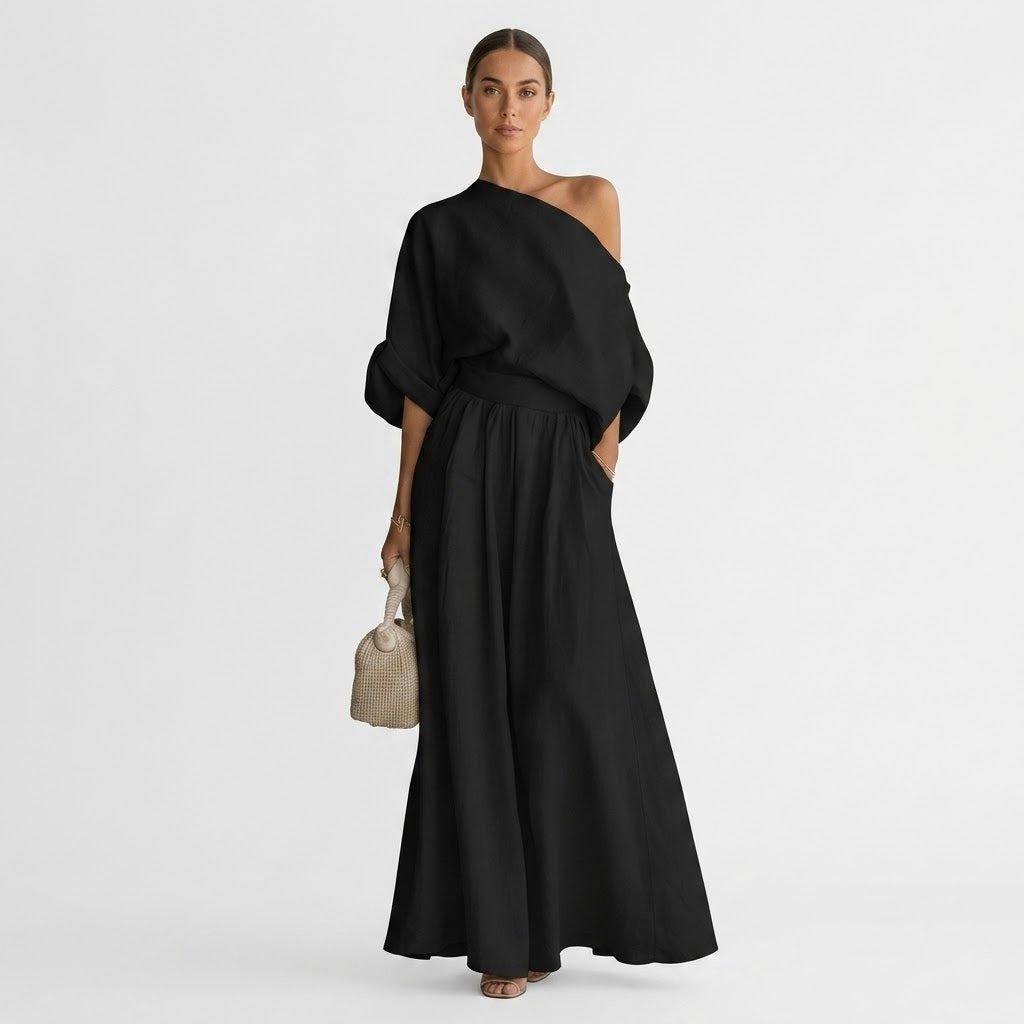 Sophia Reynolds | One Shoulder Linen Look Summer Maxi Set For Women