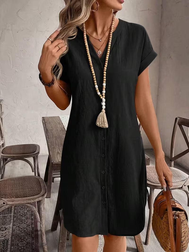 Delphine | Button-Front V-Neck Shirt Dress