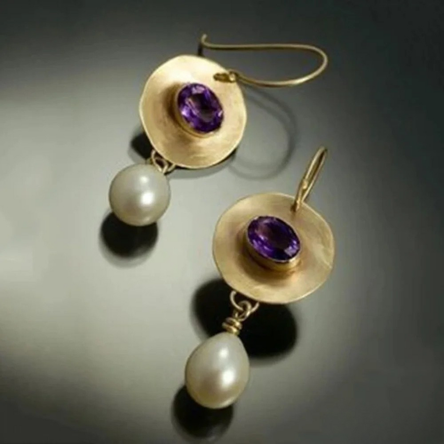 Kessa | Vintage Gold Earrings with Purple Zirconia and Pearls