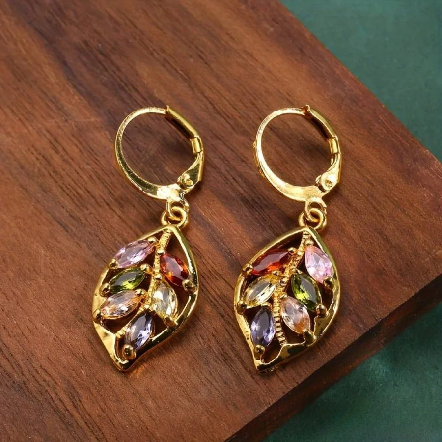 Lark | Vintage Golden Leaf Earrings with Colorful Zirconia