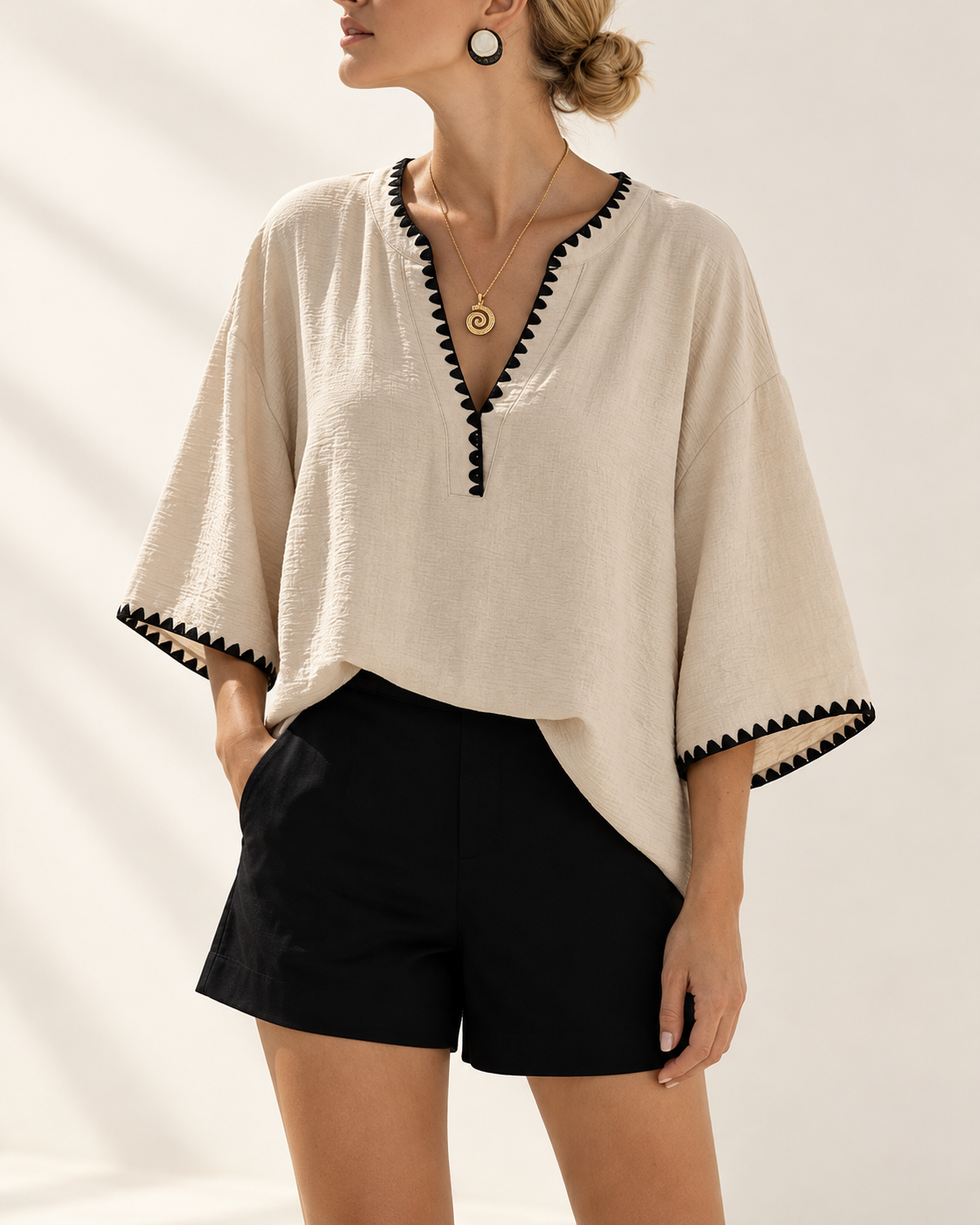Santorini | Whipstitch V-Neck Relaxed Top