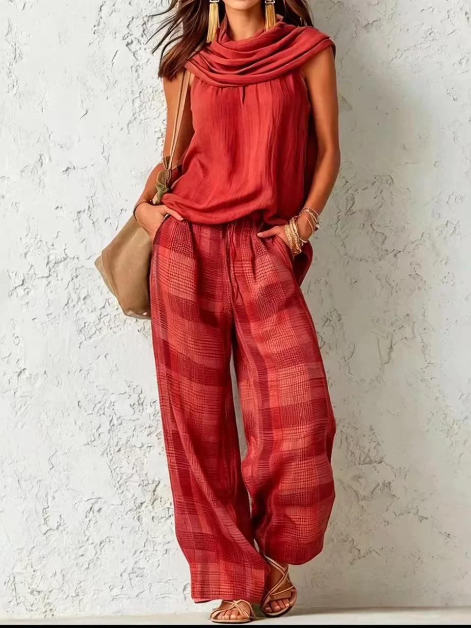 Delphine | Rust Plaid Linen Vest & Pants Set