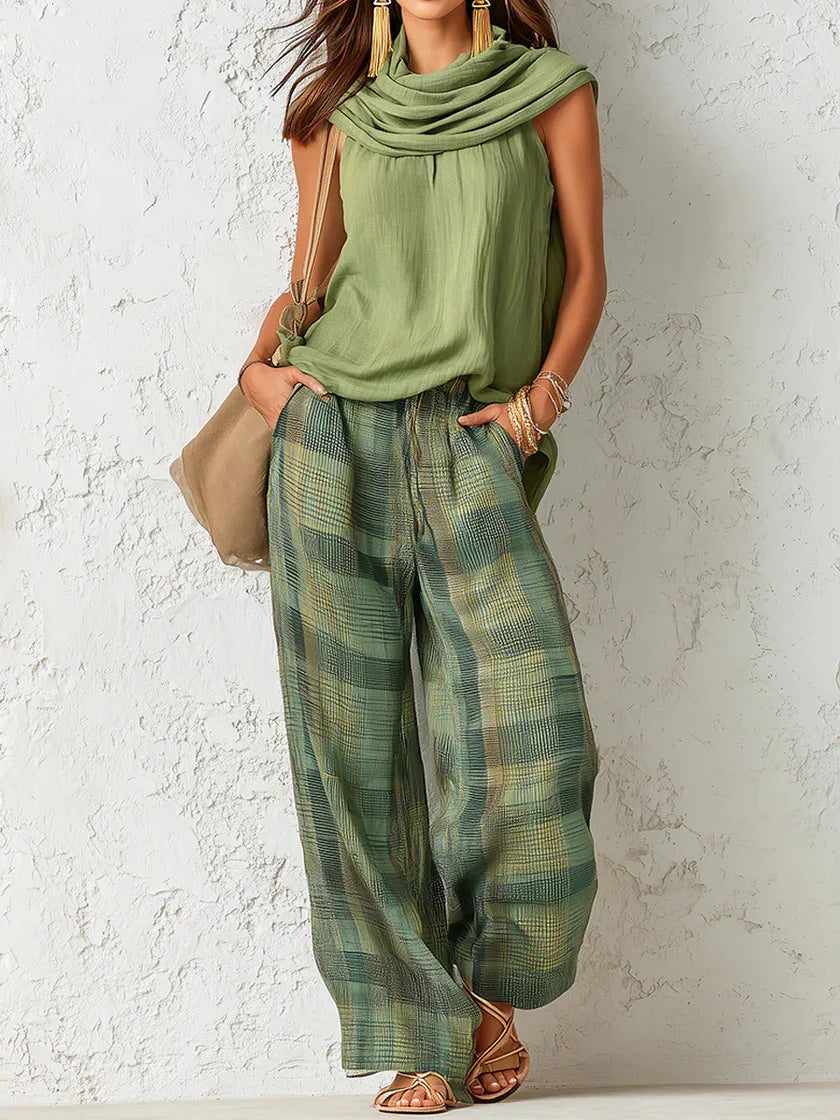 Winnie | Sage Green Plaid Linen Vest & Pants Set