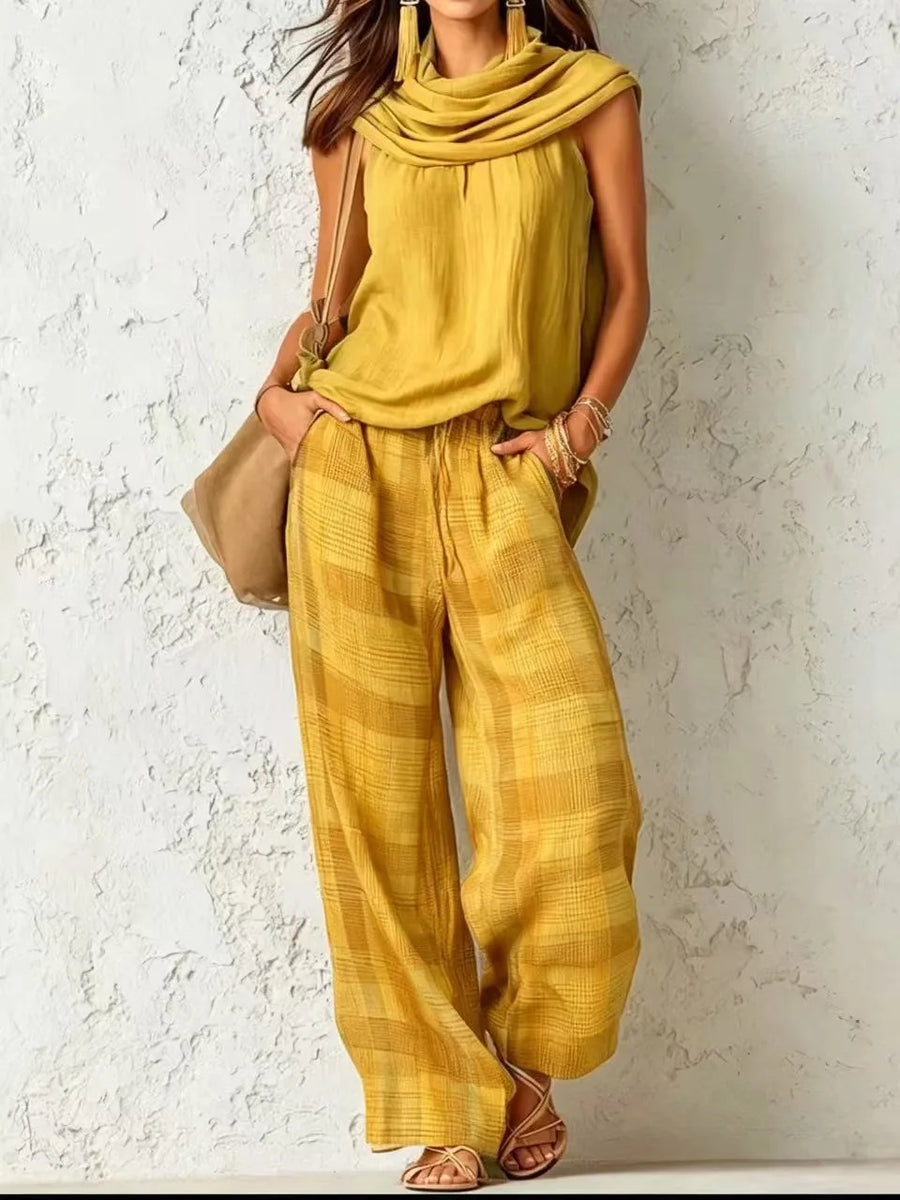 Odile | Mustard Plaid Linen Vest & Pants Set