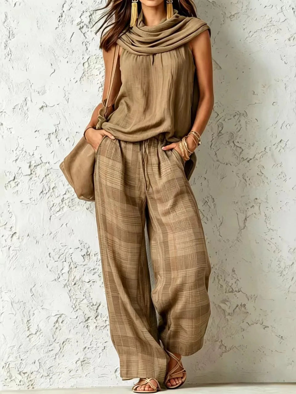 Bridget | Camel Plaid Linen Vest & Pants Set
