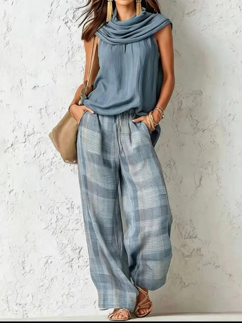 Celestine | Dusty Blue Plaid Linen Vest & Pants Set
