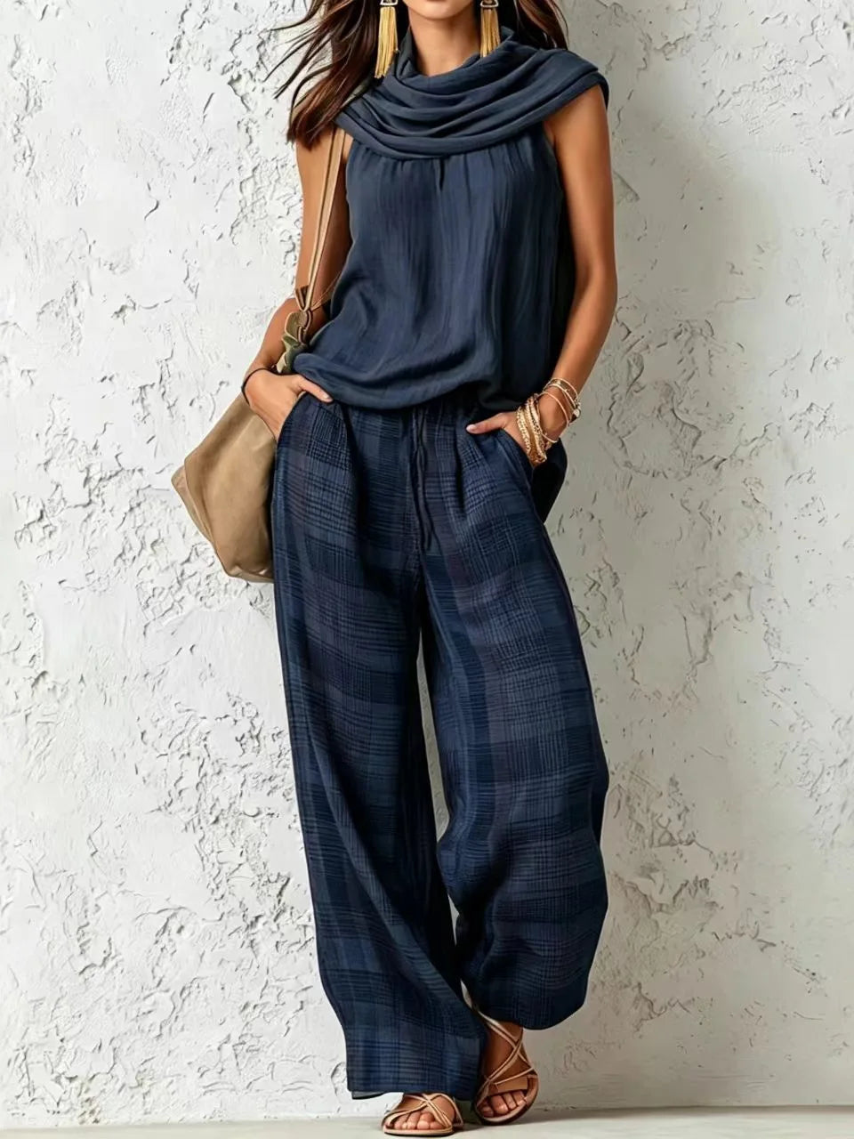 Rosalind | Navy Plaid Linen Vest & Pants Set