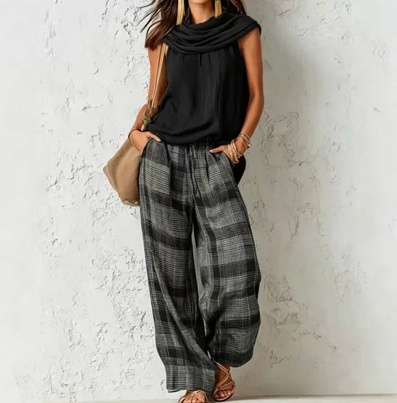 Marguerite | Charcoal Plaid Linen Vest & Pants Set