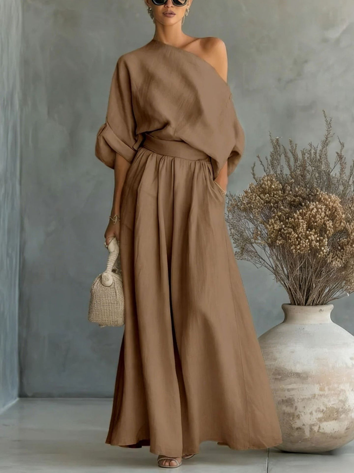 Sophia Reynolds | One Shoulder Linen Look Summer Maxi Set For Women