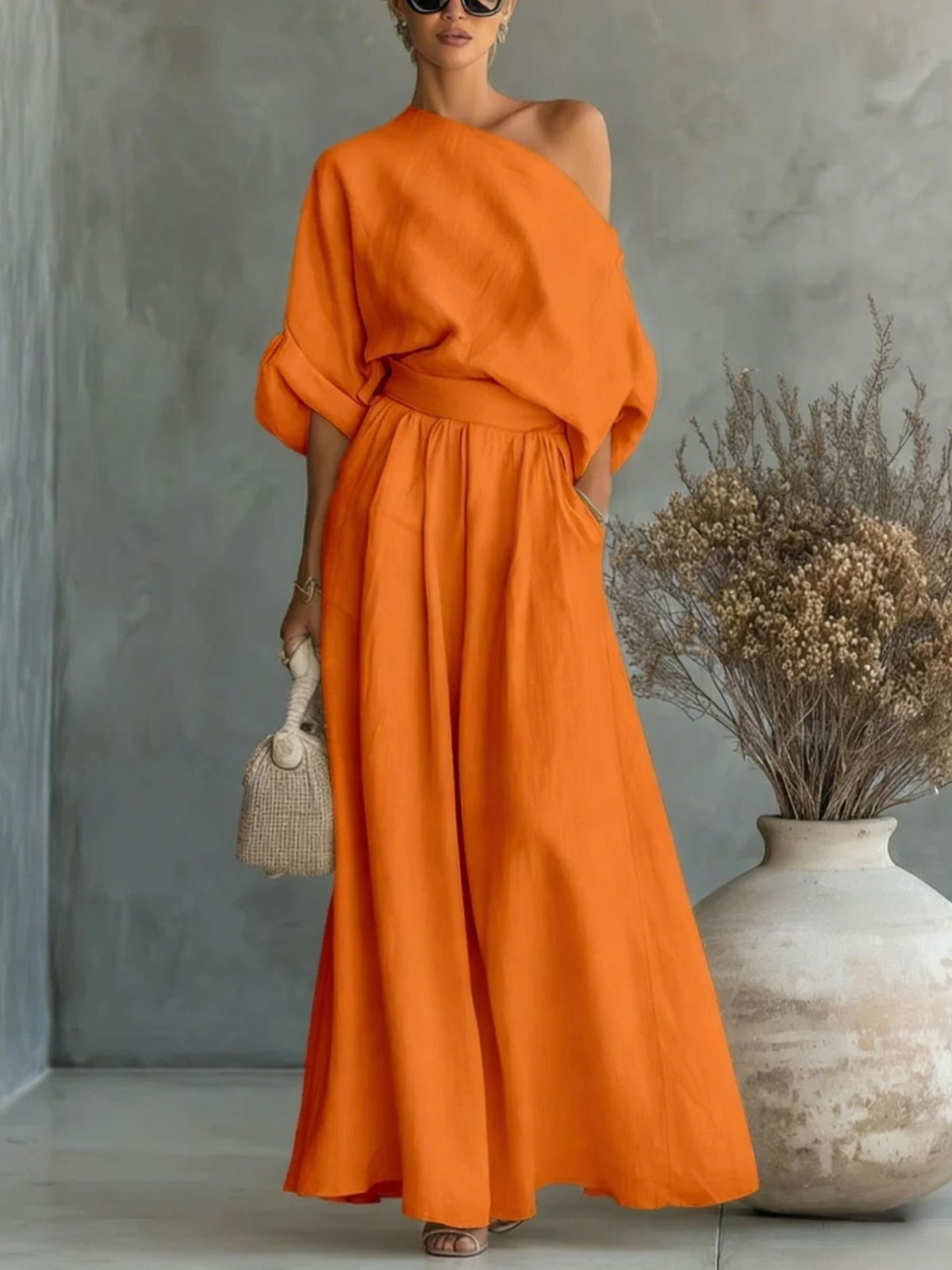 Sophia Reynolds | One Shoulder Linen Look Summer Maxi Set For Women