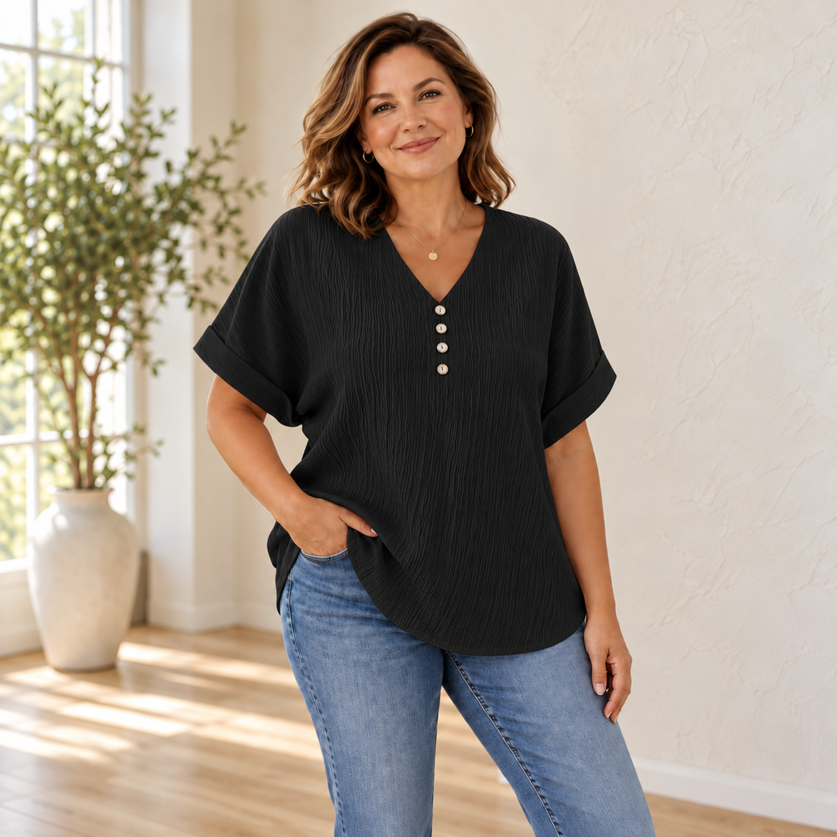 Rosalie | Textured Button V-Neck Top