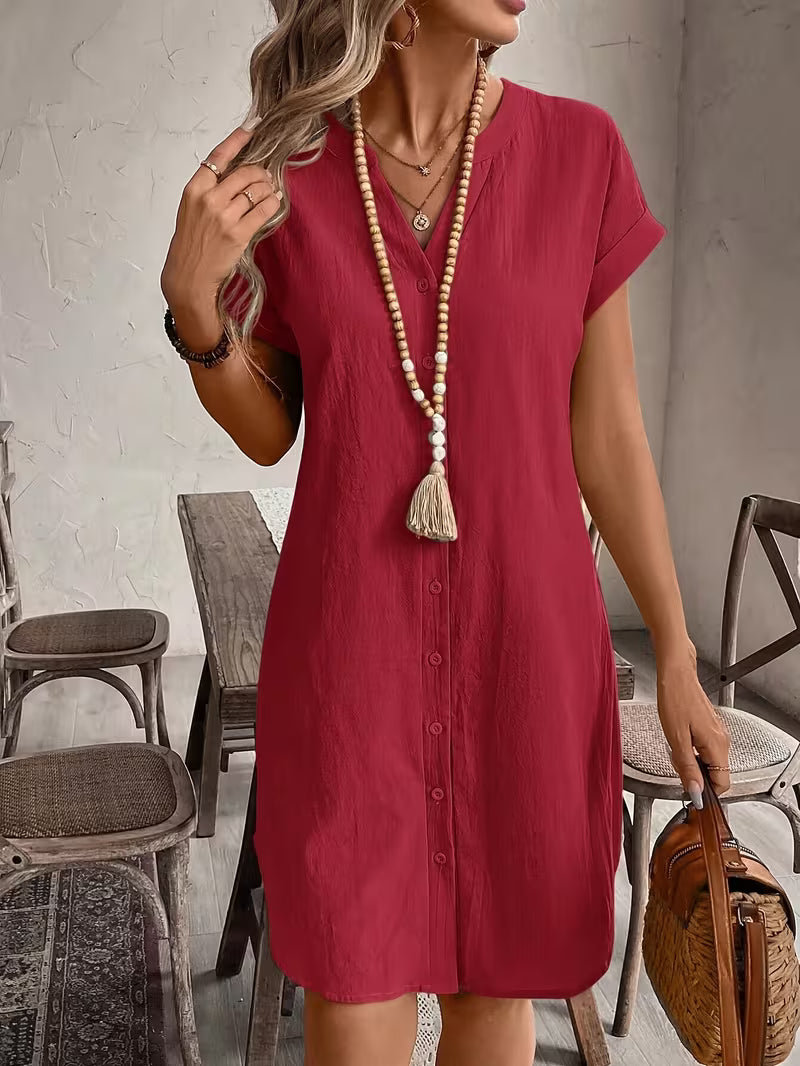 Delphine | Button-Front V-Neck Shirt Dress