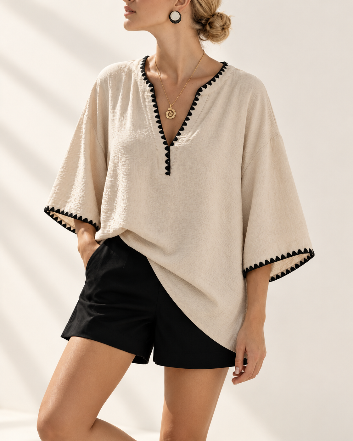 Santorini | Whipstitch V-Neck Relaxed Top