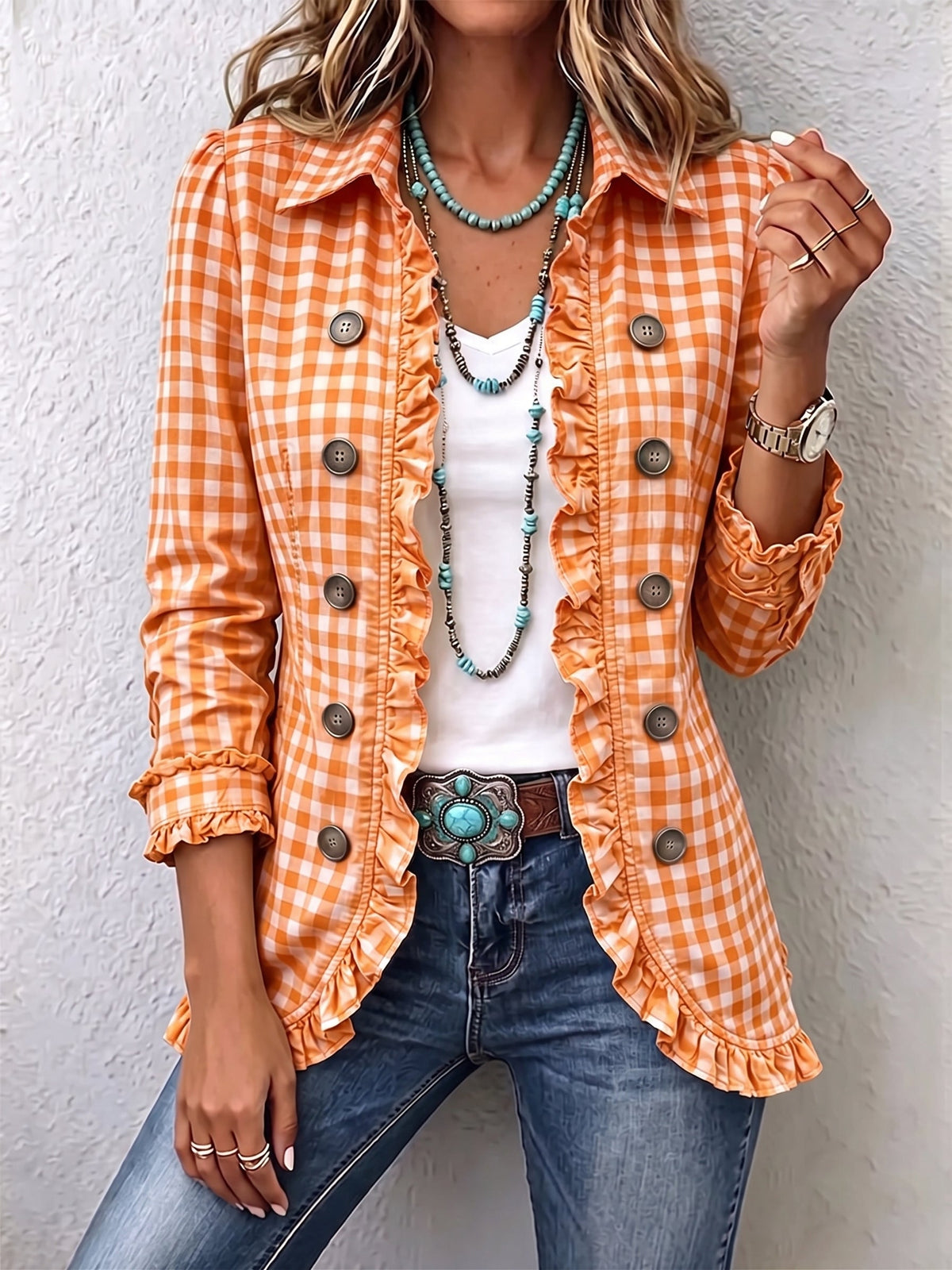 Charlene™ - Ruffled Gingham Button-Up Jacket